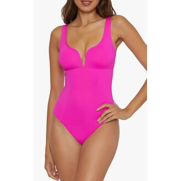 BECCA Women's Color Code V-Wire One Piece Swimsuit Large Vivid Pink Stretch NWT - Picture 1 of 10